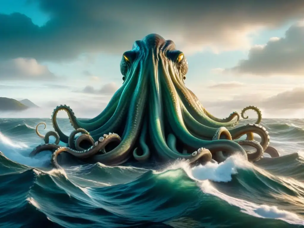 Colosal Kraken emergiendo del océano: misterio y peligro Un Kraken colosal emerge del océano, con ojos brillantes y tentáculos retorcidos