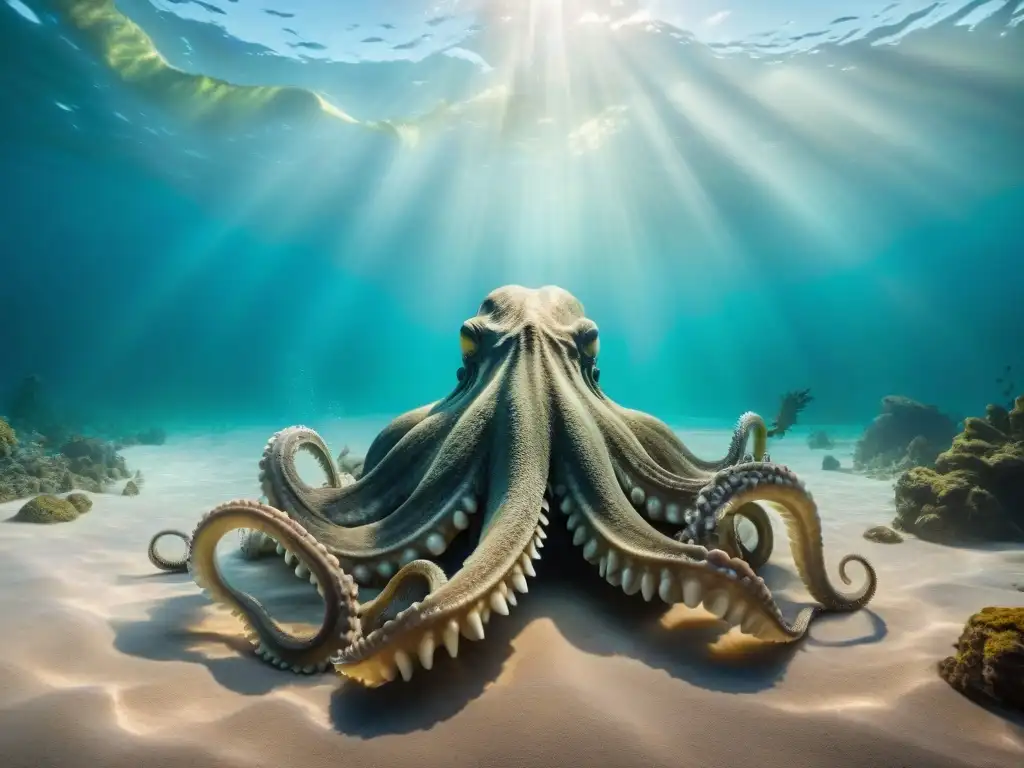 Kraken ancestral explorando fósiles marinos Un Kraken majestuoso y los descubrimientos paleontológicos sorprendentes se unen en un escenario fantástico bajo el mar