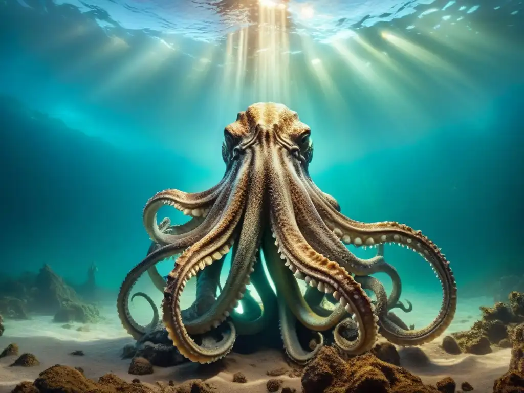Kraken gigante emerge entre fósiles marinos en 8K Un Kraken majestuoso emerge de las profundidades marinas, rodeado de fósiles prehistóricos