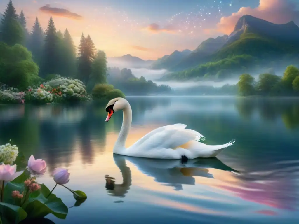 Reflejos Celestiales: Serenidad en el Lago al Anochecer Un lago sereno al anochecer, rodeado de vegetación exuberante y flores coloridas
