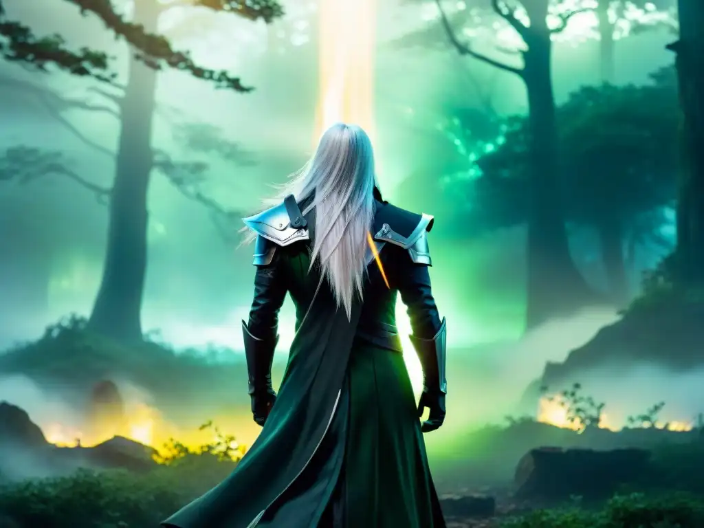 El legendario antagonista Sephiroth de Final Fantasy VII, enigmático y poderoso, destaca en un oscuro bosque místico