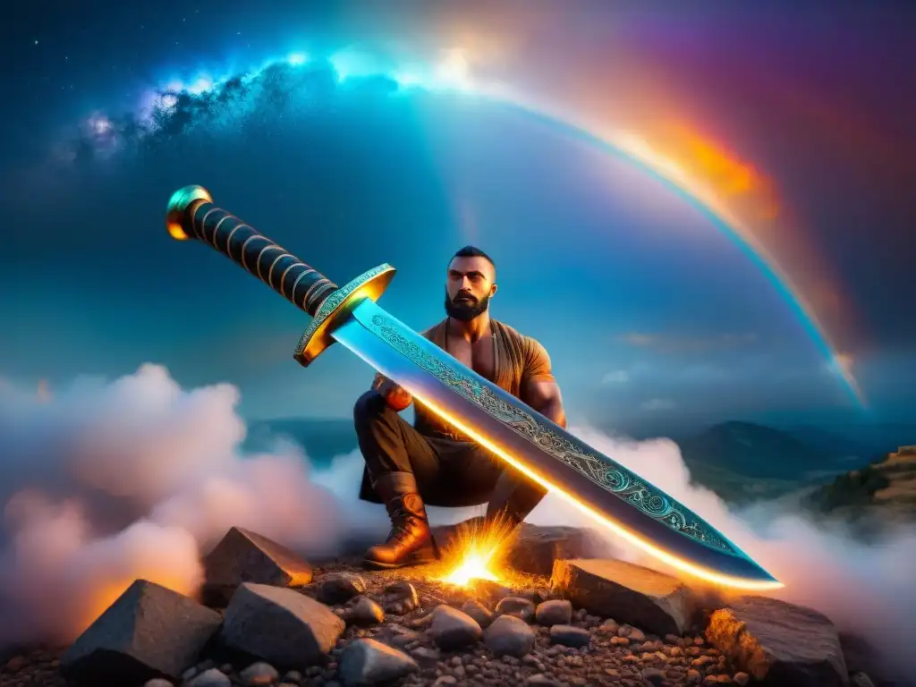 Forja mística: el herrero de espadas y la energía cósmica Un legendario herrero forja una espada Damasco entre energías cósmicas