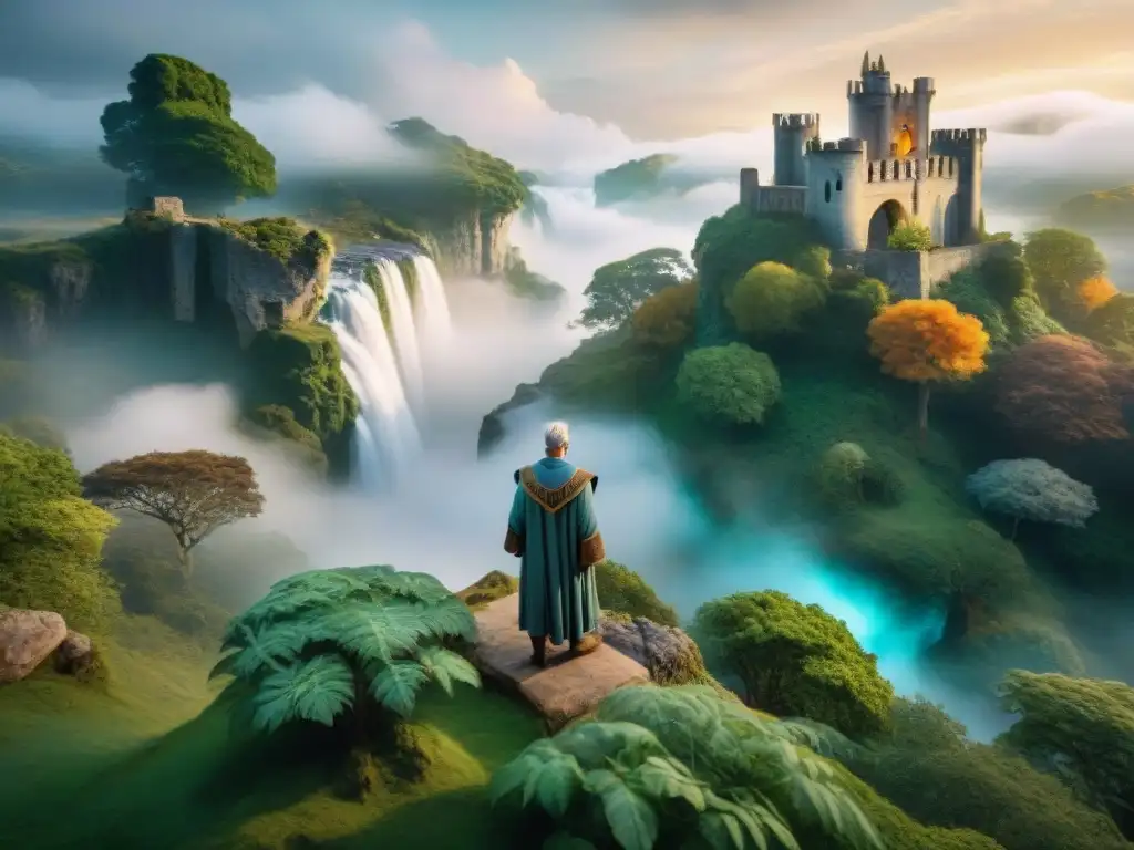 Merlín: magia y misterio en el bosque encantado Merlín, el legendario mago, en un bosque místico rodeado de ruinas antiguas y criaturas etéreas en una danza de realidad aumentada en mitología
