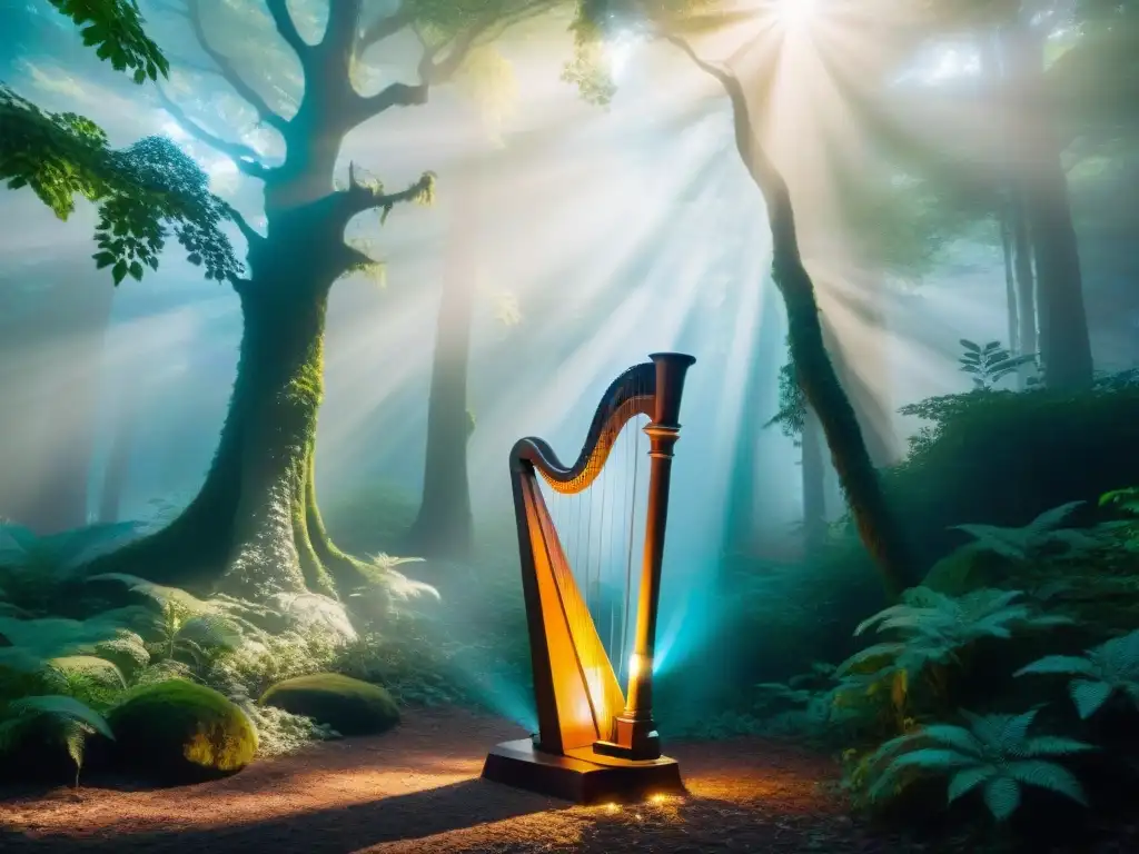 Aparición mágica: Arpa de David iluminando un bosque encantado La mágica Arpa de David, tallada en material celestial, ilumina el bosque con música divina