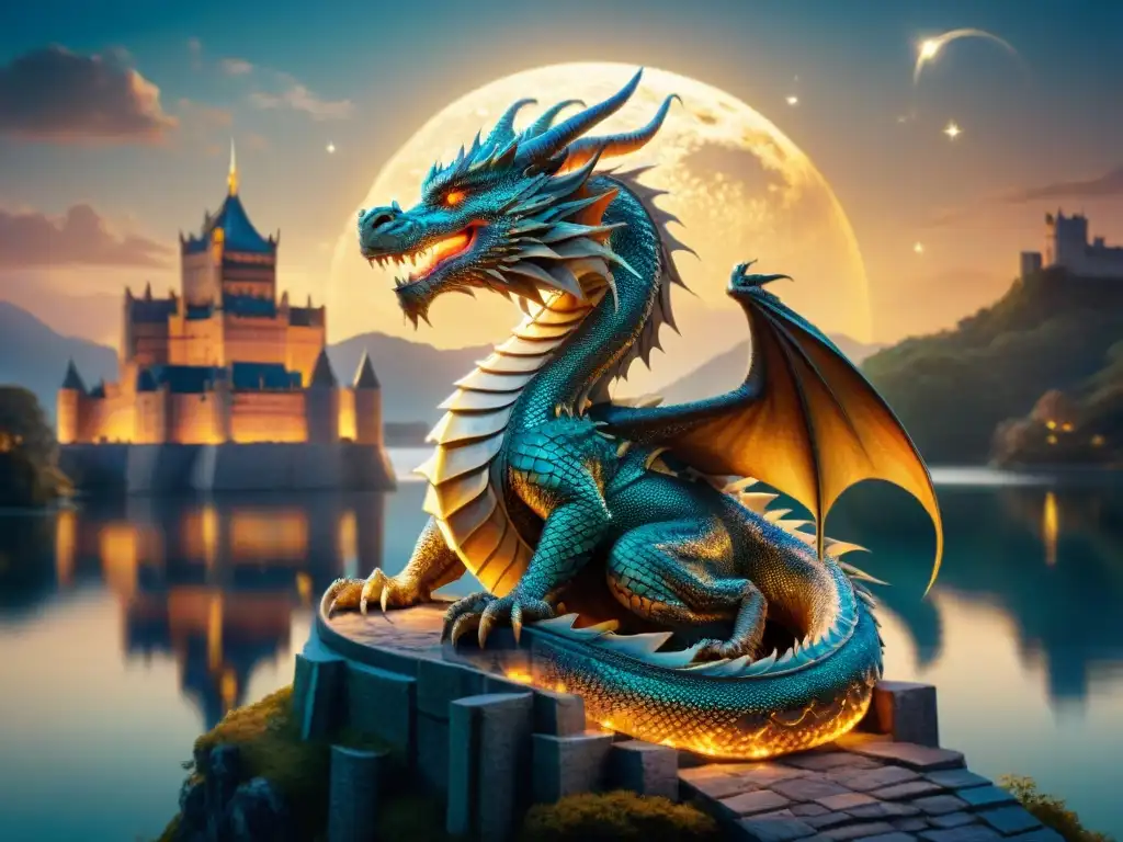 Un mágico dragón enroscado alrededor de un antiguo castillo, bajo un cielo estrellado