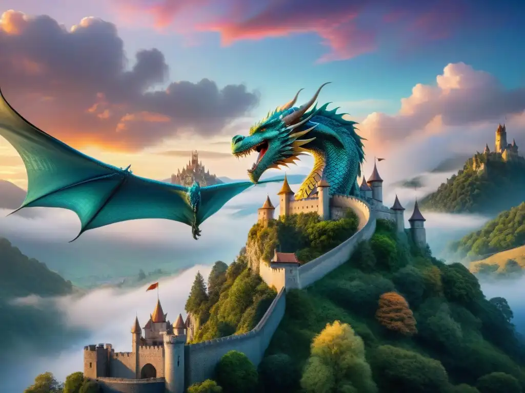 Un mágico escenario de un majestuoso dragón surcando un cielo crepuscular vibrante, con sus escamas iridiscentes brillando en la luz que se desvanece