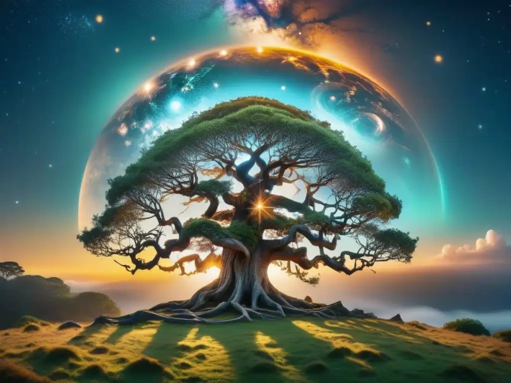 Bosque mágico: árbol ancestral y criaturas míticas en un escenario de encanto y maravilla En el mágico proceso creativo de escritura fantasía, seres míticos rodean un árbol ancestral iluminado por runas brillantes