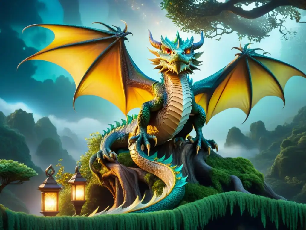 Un mágico dragón protege a seres fantásticos en un bosque, conectando raíces culturales en un viaje fascinante