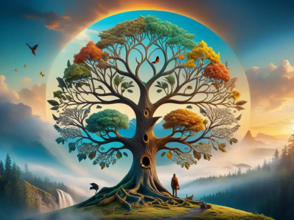 Árbol de la Vida: Conexión entre naturaleza y seres vivos Un mágico tapiz de colores vibrantes representa un árbol majestuoso rodeado de animales, simbolizando la interconexión de los seres vivos