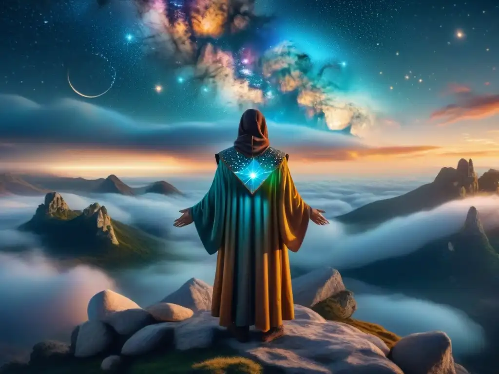 Magia celestial: el poder y la belleza del cosmos Un mago celestial en un paisaje mágico de estrellas y criaturas, evocando historias de magia celestial