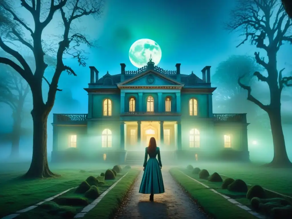 Manor ancestral envuelto en misterio y luces sobrenaturales Majestuosa mansión antigua envuelta en misterio, con luces sobrenaturales y figuras bailando, evocando fenómenos paranormales en casas embrujadas