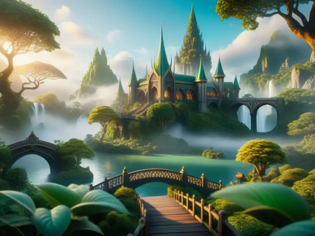 Ciudad élfica mágica entre árboles gigantes: ilustración detallada y etérea Majestuosa ciudad élfica entre árboles antiguos, con seres elegantes y mágicos