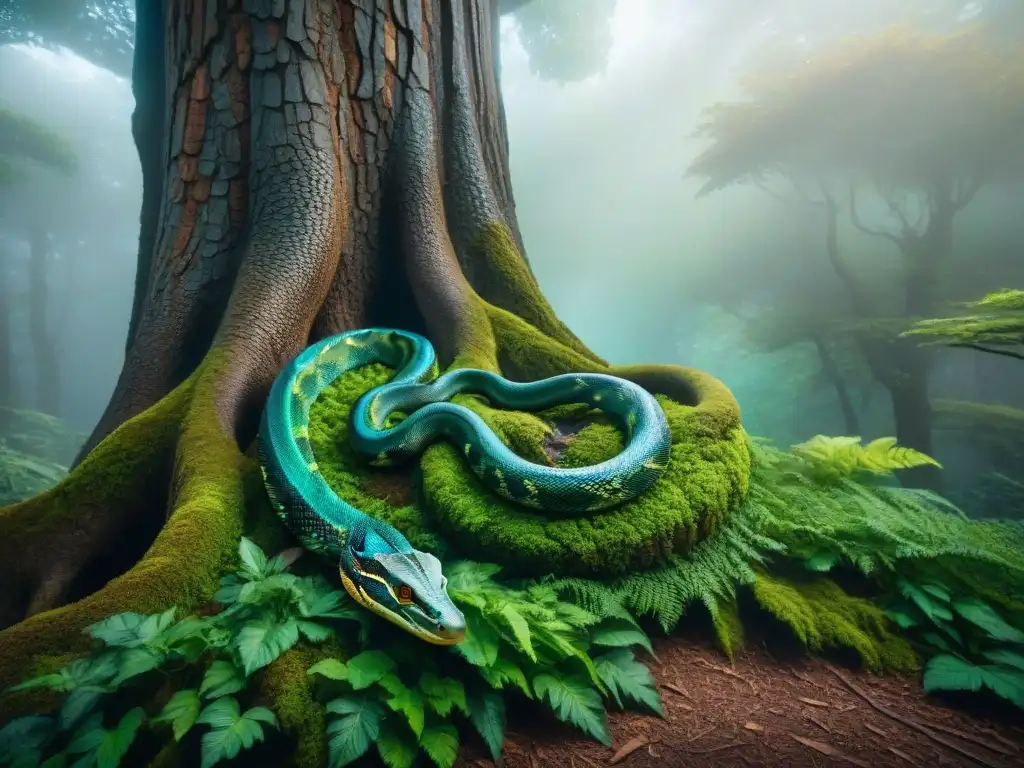Serpiente alada en bosque encantado: poder y misterio Ilustración majestuosa de un dragón alado rodeando un árbol mágico en un bosque encantado