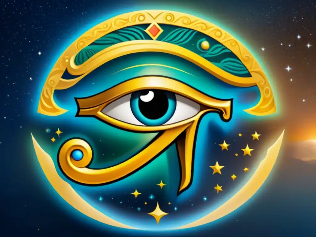 Ojo de Horus: símbolo de sabiduría y protección divina en el universo Ilustración majestuosa del Ojo de Horus con detalles en oro, azul y verde sobre un fondo cósmico lleno de estrellas y galaxias