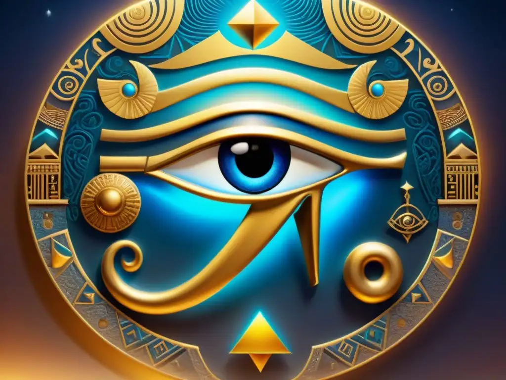 Ojo de Horus: misterio y poder divino Una representación majestuosa del Ojo de Horus, rodeado de jeroglíficos místicos, irradiando una luz dorada divina