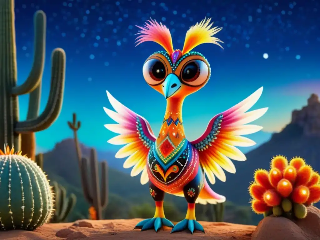 Fantástico alebrije mexicano en paisaje místico Un majestuoso alebrije vibrante en un paisaje místico mexicano con cactáceas, ruinas antiguas y un cielo estrellado