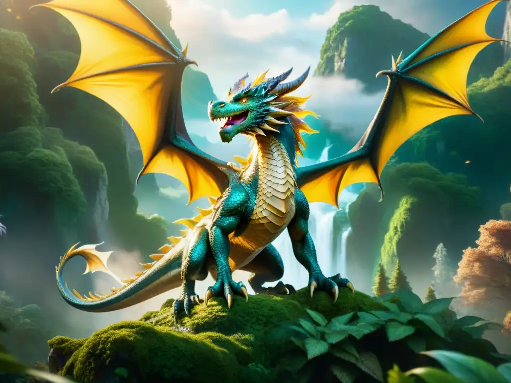 Dragón majestuoso surcando bosque encantado Dragón majestuoso sobrevolando bosque encantado con criaturas míticas
