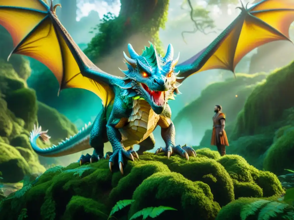 Dragón majestuoso en bosque encantado - Arte 8k Un majestuoso dragón emerge de un bosque encantado, con escamas iridiscentes bajo la luz del sol