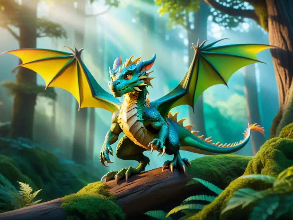 Dragón mágico surcando el bosque encantado Un majestuoso dragón surca un bosque encantado, inspirando la imaginación y el amor por la lectura en jóvenes