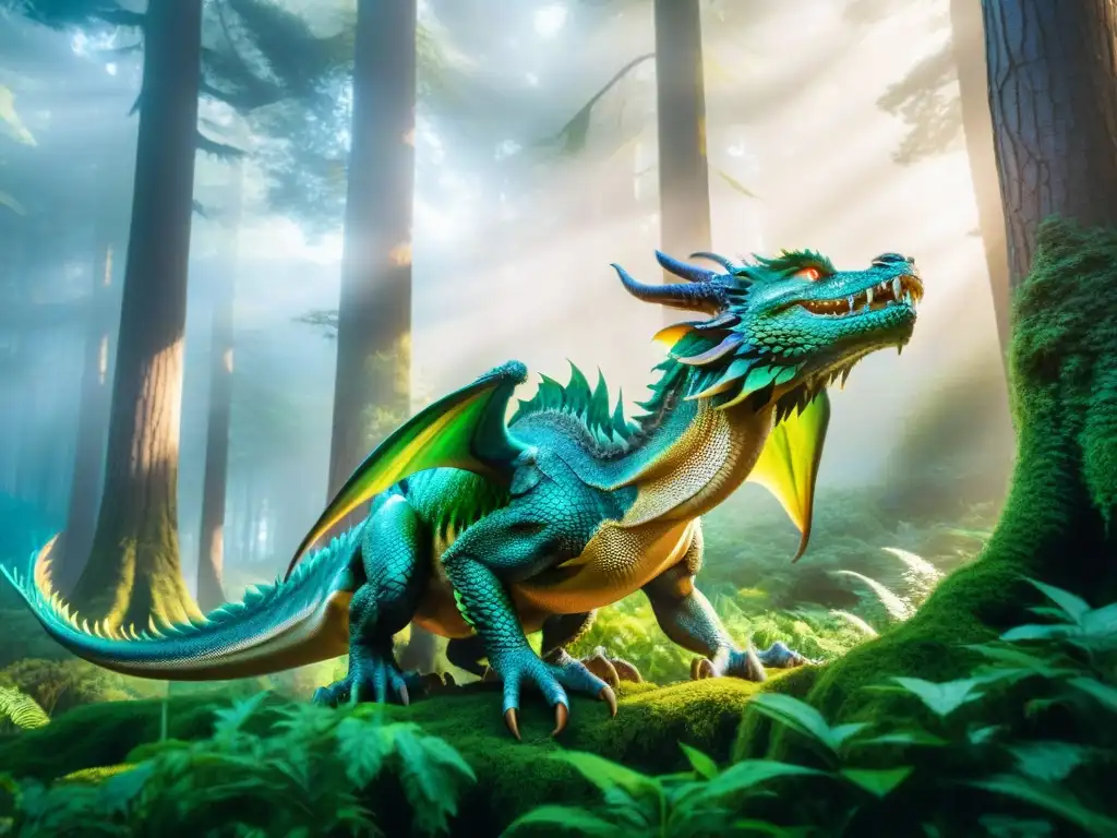 Dragón majestuoso surca bosque místico, cautivando a espectadores Un majestuoso dragón surca un bosque místico, mientras criaturas legendarias del siglo XXI lo contemplan maravilladas