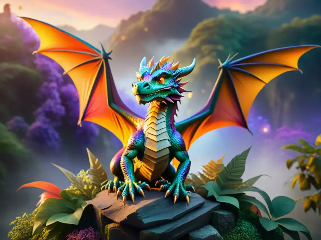 Dragón majestuoso surcando bosque místico Un majestuoso dragón surca un bosque místico, con escamas irisadas, en un atardecer púrpura y naranja