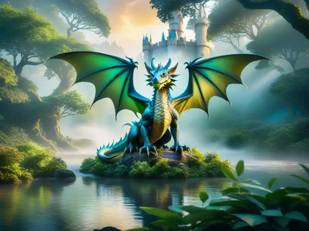 Un majestuoso dragón sobrevuela un bosque místico, con escamas iridiscentes bajo la luz del sol filtrándose entre los árboles antiguos