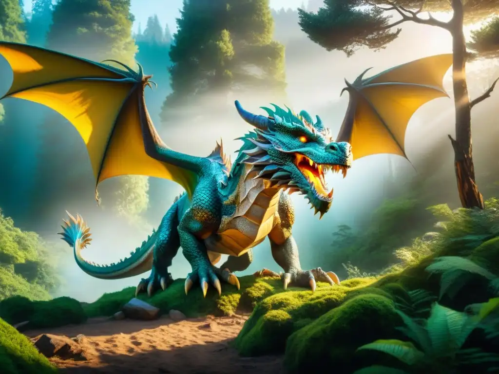 Un majestuoso dragón surca un bosque místico, con escamas iridiscentes bajo la luz dorada
