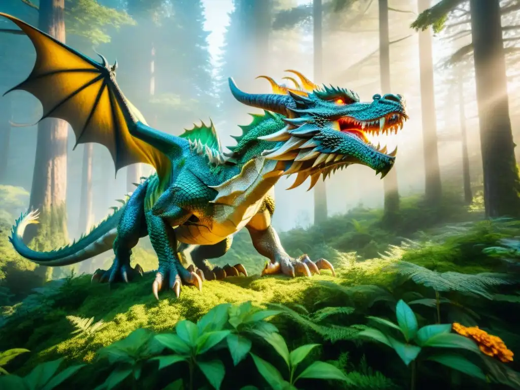 Un majestuoso dragón surca un bosque místico, sus escamas brillan al sol mientras observa a valientes aventureros