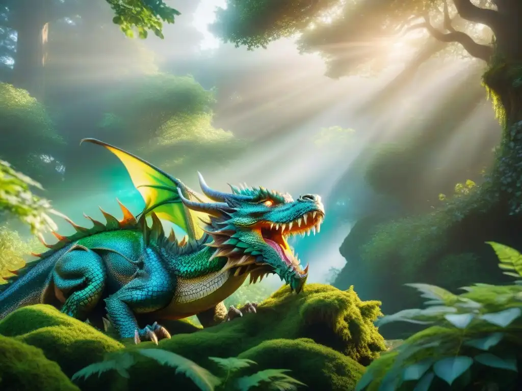 Un majestuoso dragón surca un bosque místico, sus escamas iridiscentes brillan bajo el sol