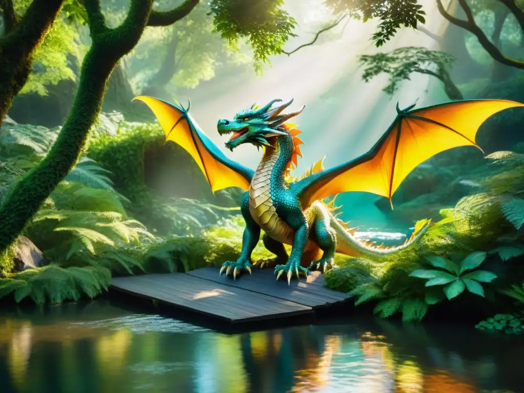 Dragón majestuoso surca bosque místico con ninfas acuáticas Un majestuoso dragón surca un bosque místico mientras sus escamas iridiscentes brillan bajo la luz filtrada entre los árboles antiguos