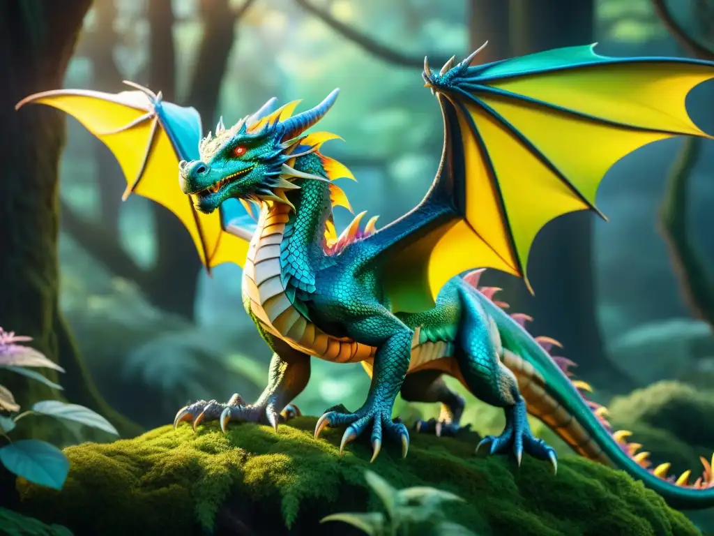 Dragón majestuoso en bosque místico Un majestuoso dragón surca un bosque místico, con escamas iridiscentes brillando bajo la luz filtrada entre los árboles antiguos