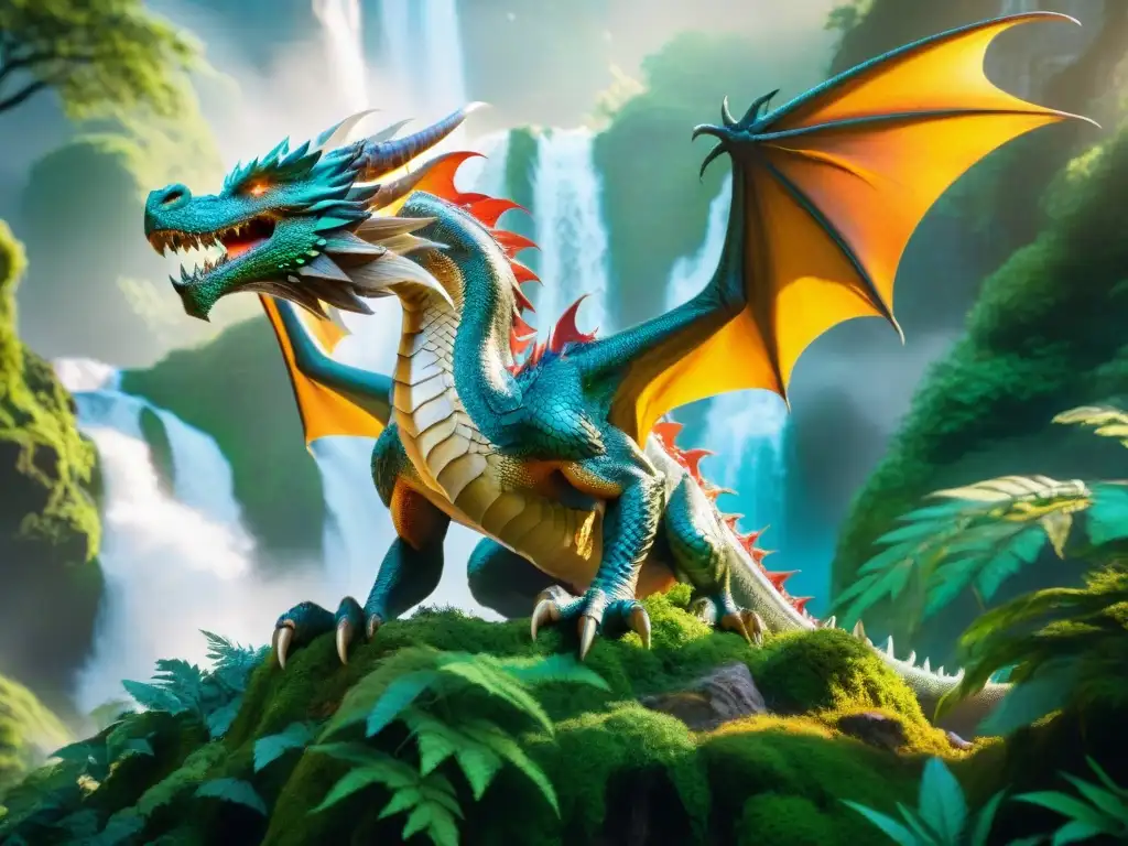 Dragón majestuoso surcando un bosque místico lleno de hadas y magia Un majestuoso dragón surca un bosque místico lleno de hadas brillantes y cascadas, en un escenario de videojuegos criaturas míticas tendencias
