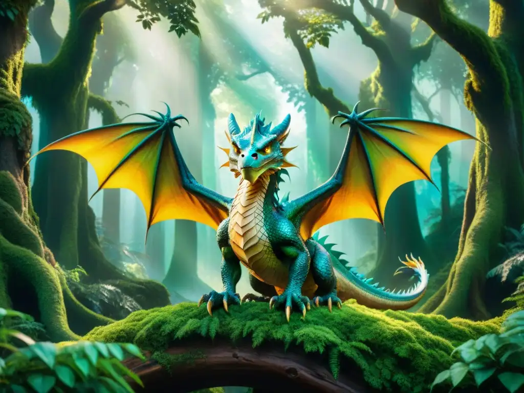 Majestuoso dragón surcando un bosque místico Un majestuoso dragón surca un bosque místico, seres fantásticos avistados entre la neblina