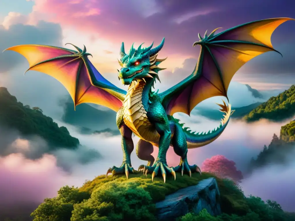 Un majestuoso dragón surca el cielo al atardecer entre nubes de tonos rosados, dorados y morados, reflejando sabiduría y poder ancestral