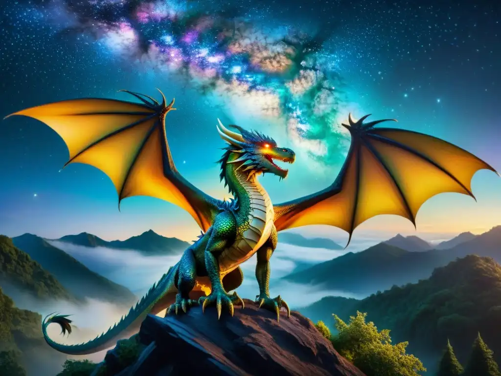 Dragón majestuoso surca cielos estrellados sobre bosque encantado Un majestuoso dragón surca el cielo estrellado, sus brillantes escamas reflejan la luz lunar, observando un bosque encantado