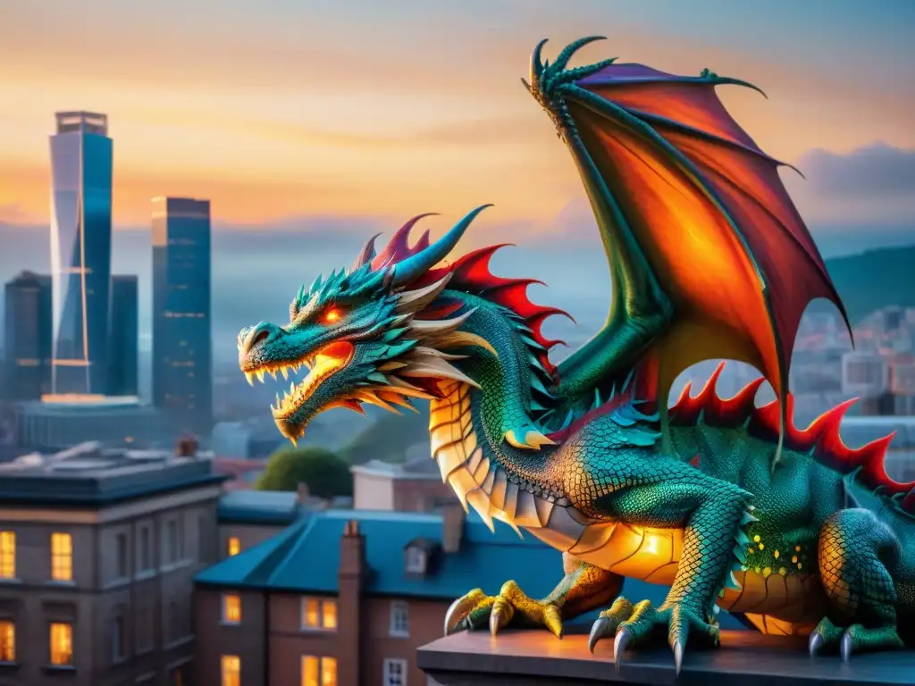 Dragón majestuoso surcando el cielo urbano al atardecer Un majestuoso dragón surca el cielo urbano al atardecer, lanzando llamas vibrantes