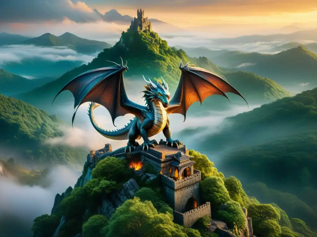 Dragón majestuoso en la cima de la montaña con escamas relucientes y ojos penetrantes, evocando asombro y maravilla