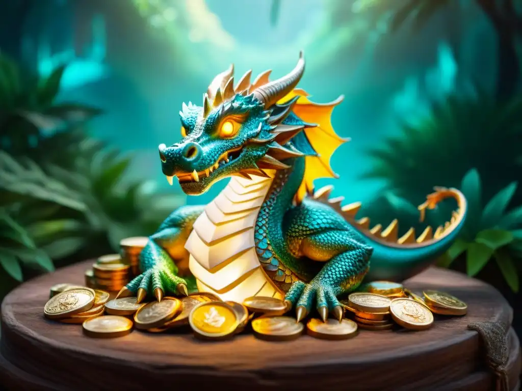 Dragón majestuoso protegiendo tesoro antiguo en bosque mágico Un majestuoso dragón rodea colecciones míticas con valor inversión en un bosque mágico