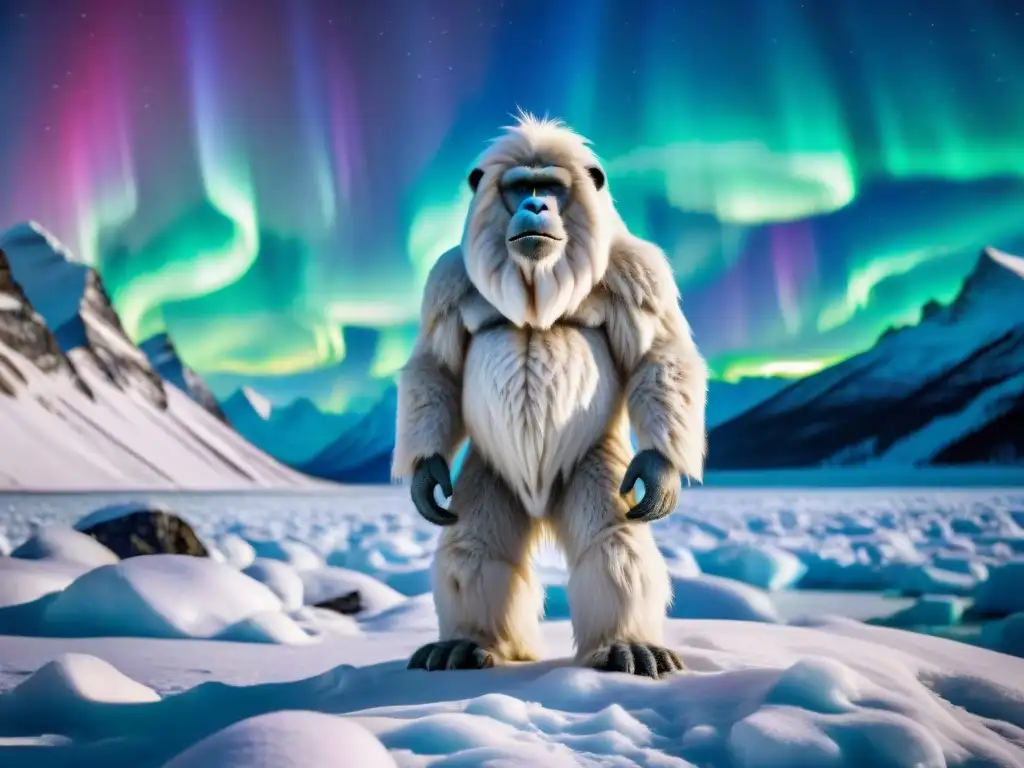 Yeti en la aurora boreal: la vulnerabilidad ante el cambio climático Un majestuoso yeti cubierto de escarcha, de pie en un glaciar derritiéndose bajo las luces del norte