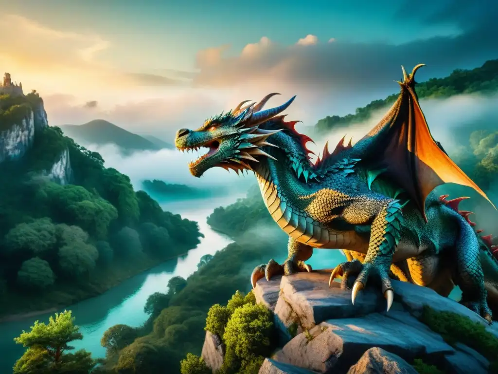 Un majestuoso dragón antiguo, con escamas iridiscentes bajo la luz de la luna, en un acantilado mirando un bosque encantado