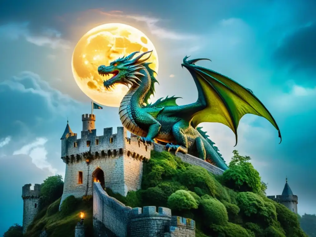 Dragón majestuoso en ruinas ancestrales Un majestuoso dragón en un castillo antiguo, iluminado por la luna llena