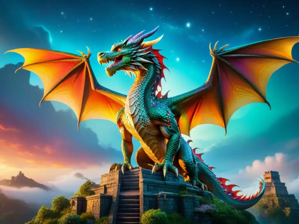 Dragón majestuoso surca cielo etéreo entre estrellas y colores vibrantes Un majestuoso dragón surcando un cielo vibrante y mágico, con escamas relucientes y alas poderosas