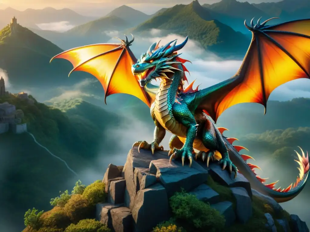 Dragón majestuoso en la cima: escamas iridiscentes brillan al atardecer Un majestuoso dragón en la cima de una montaña, con escamas iridiscentes bajo el sol poniente