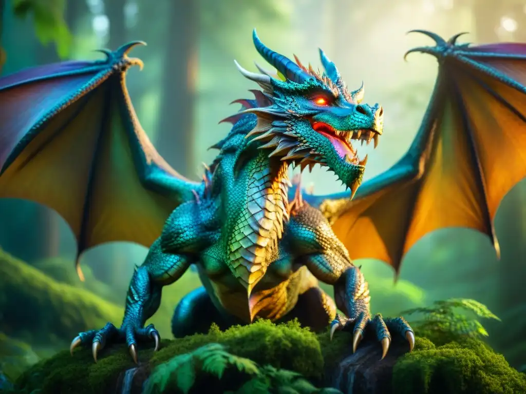 Dragón majestuoso en un bosque místico: escena de fantasía Un majestuoso dragón con escamas brillantes de colores iridiscentes, desplegando sus alas en un bosque místico