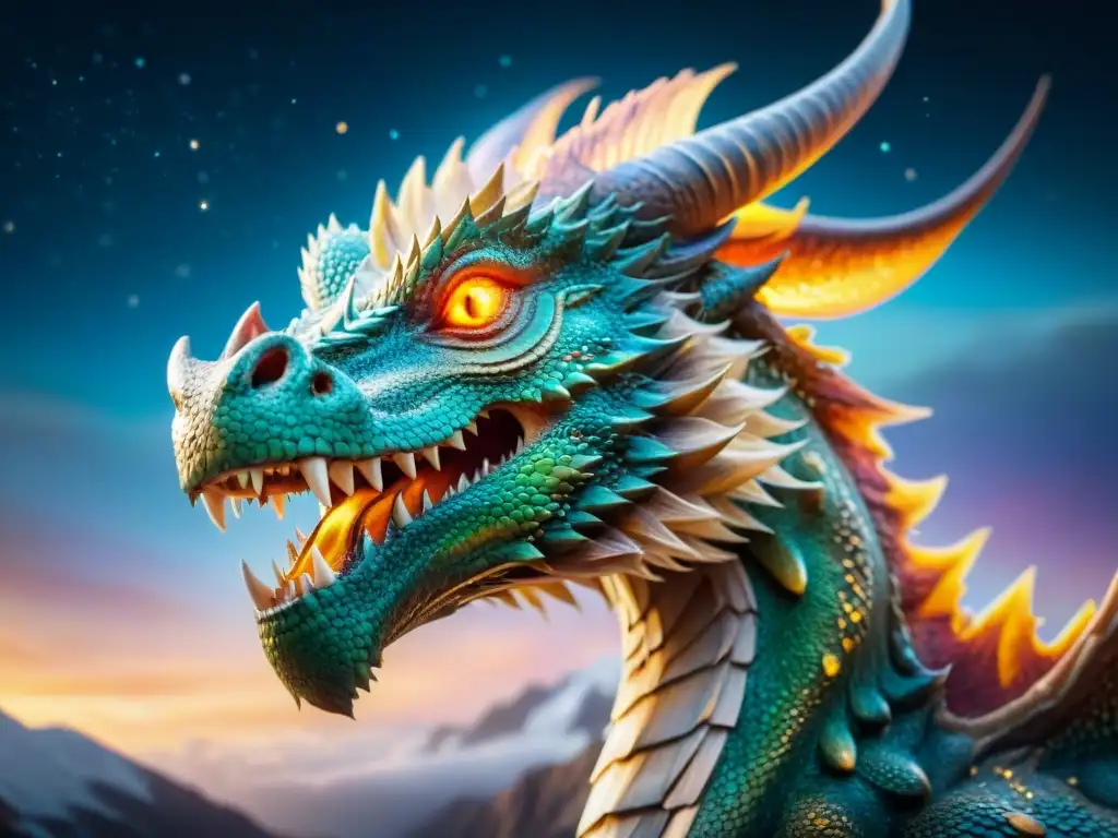 Dragón majestuoso en galaxias: poder ancestral Un majestuoso dragón de escamas brillantes con alas iridiscentes se alza frente a galaxias