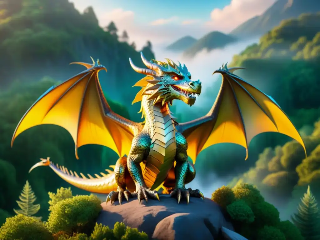 Épica batalla: Majestuoso dragón en bosque encantado Un majestuoso dragón con escamas iridiscentes observa a valientes caballeros en un bosque encantado lleno de criaturas mágicas