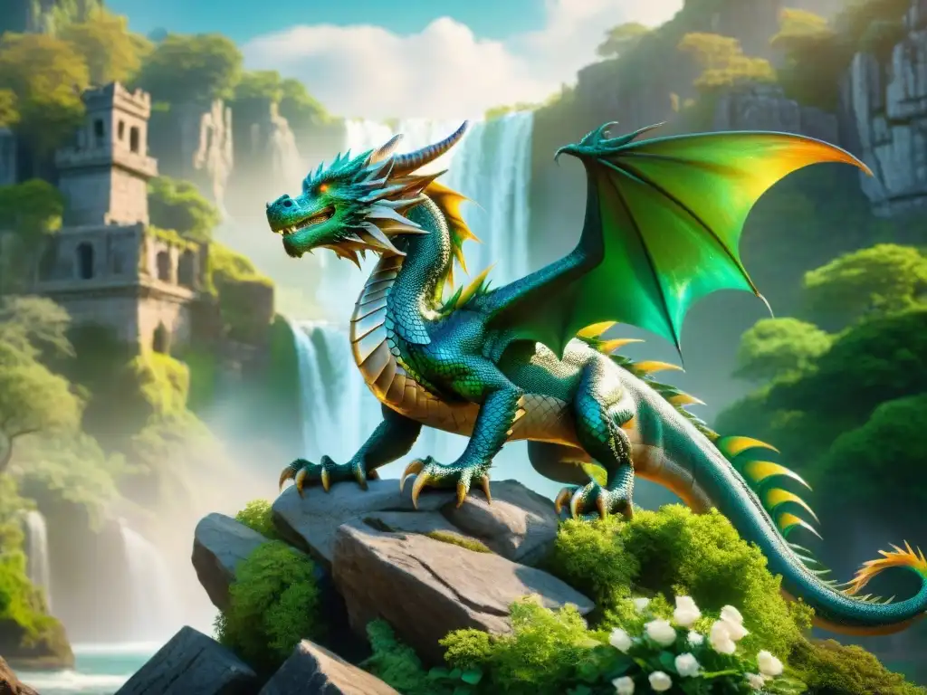 Un majestuoso dragón con escamas iridiscentes, de ojos esmeralda, sobre un acantilado rocoso con ruinas antiguas y exuberante vegetación