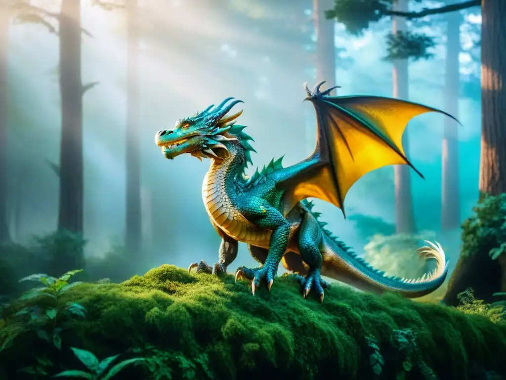 Un majestuoso dragón con escamas iridiscentes, elevándose sobre un frondoso bosque místico