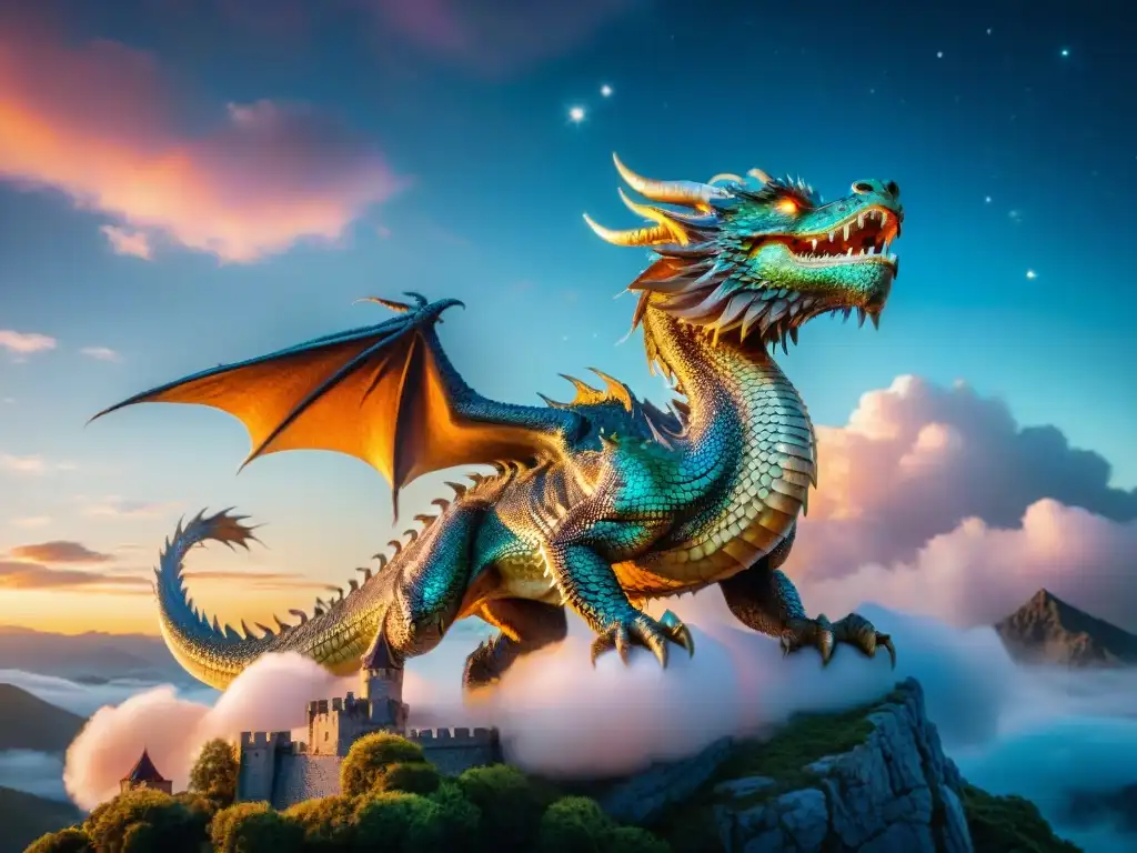 Dragón majestuoso surcando un cielo mágico hacia un castillo en la montaña Un majestuoso dragón con escamas iridiscentes surcando un cielo vibrante y mágico, con nubes giratorias y estrellas brillantes
