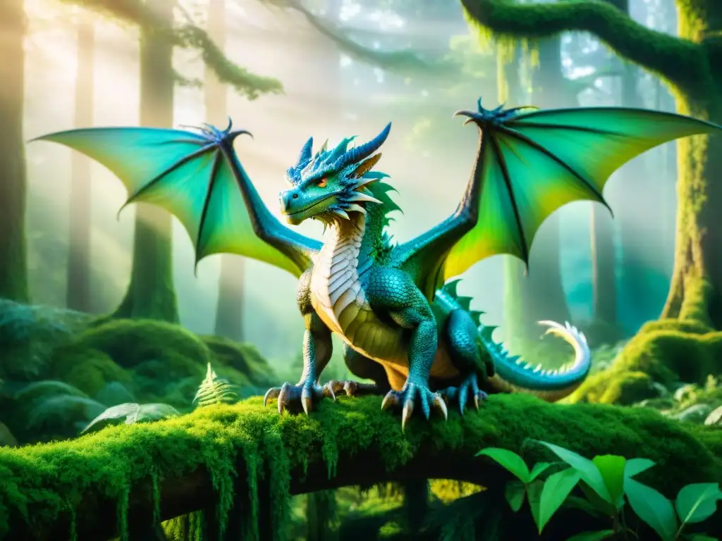 Dragón majestuoso en bosque encantado: ilustración detallada Un majestuoso dragón con escamas iridiscentes en un bosque encantado, rodeado de criaturas míticas